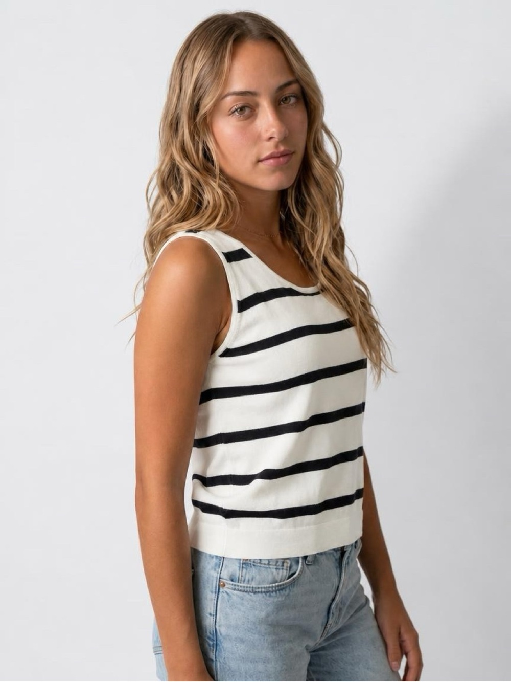 Caslon Striped Knit Sweater Tank - Off White & Black XL